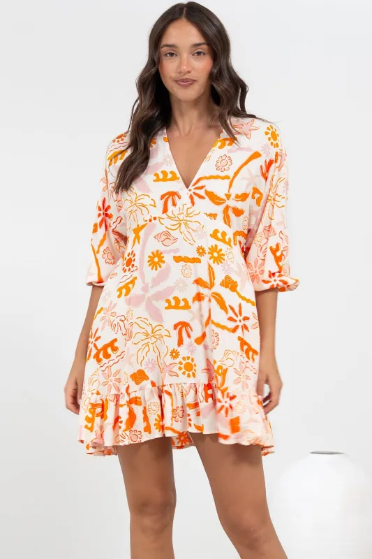 Annika Mini Dress - V-Neck Empire Line Dress with Balloon Sleeves in Sealy Print sold by Salty Crush