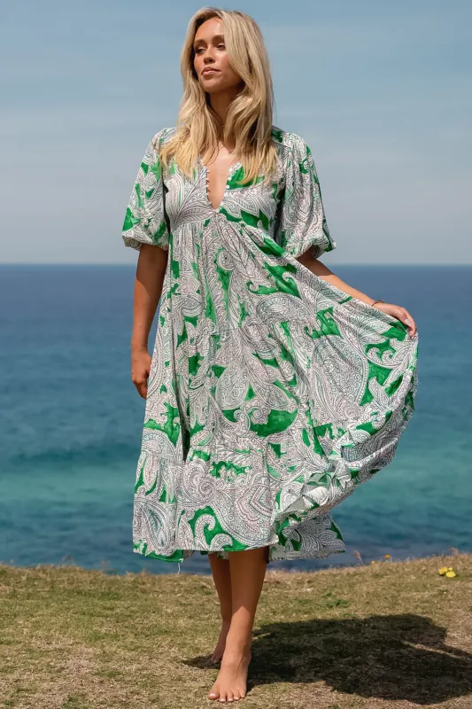 JAASE - Eve Midi Dress: V Neck Tiered Dress with Option Waist Tie in Kashira Print sold by Salty Crush