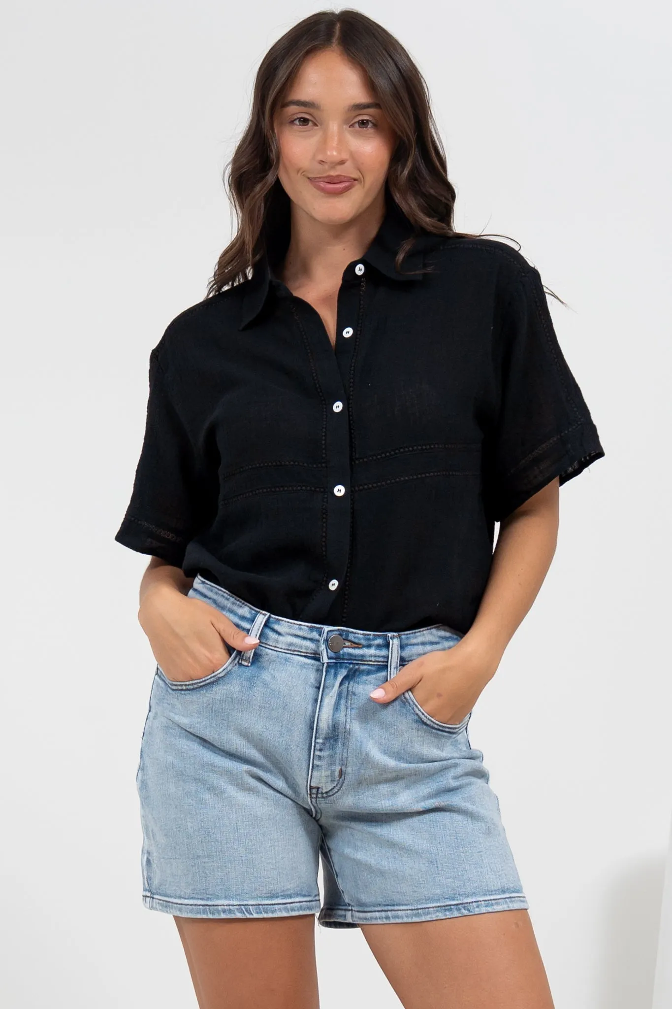 Xara Shirt - Collared Button Down with Lace Detailing in Black sold by Salty Crush