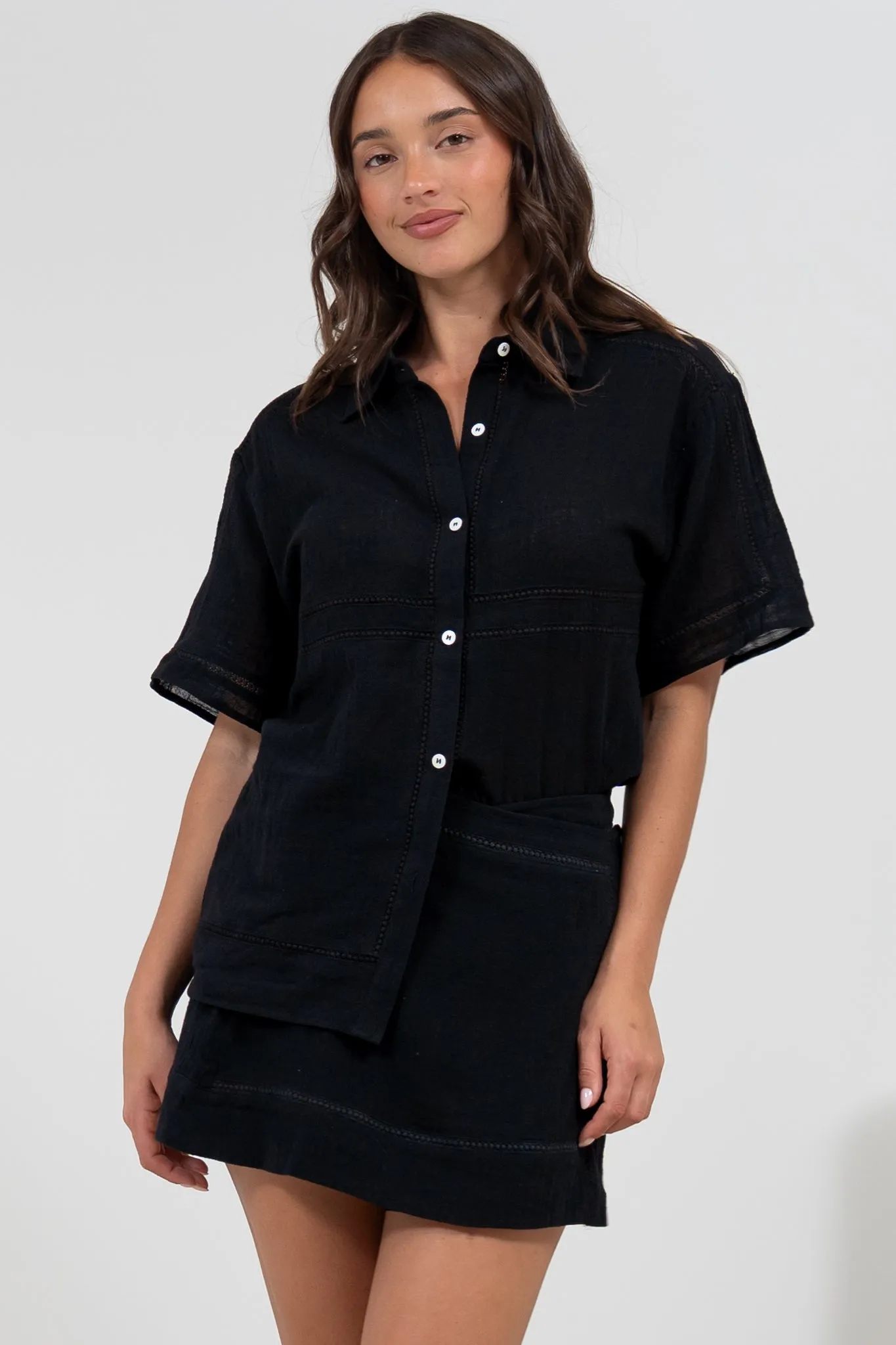 Xara Shirt - Collared Button Down with Lace Detailing in Black sold by Salty Crush product image thumbnail 2