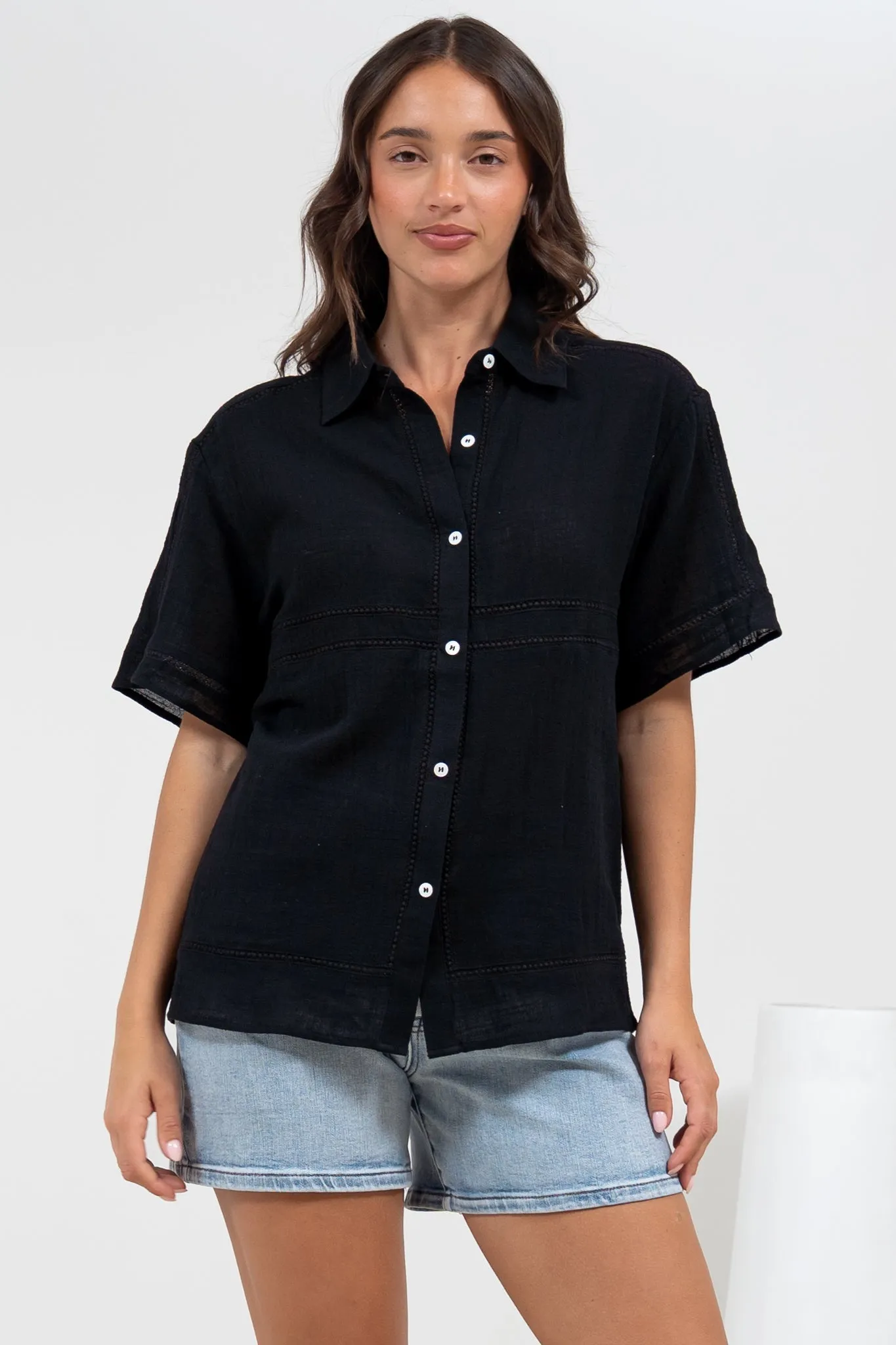 Xara Shirt - Collared Button Down with Lace Detailing in Black sold by Salty Crush product image thumbnail 4