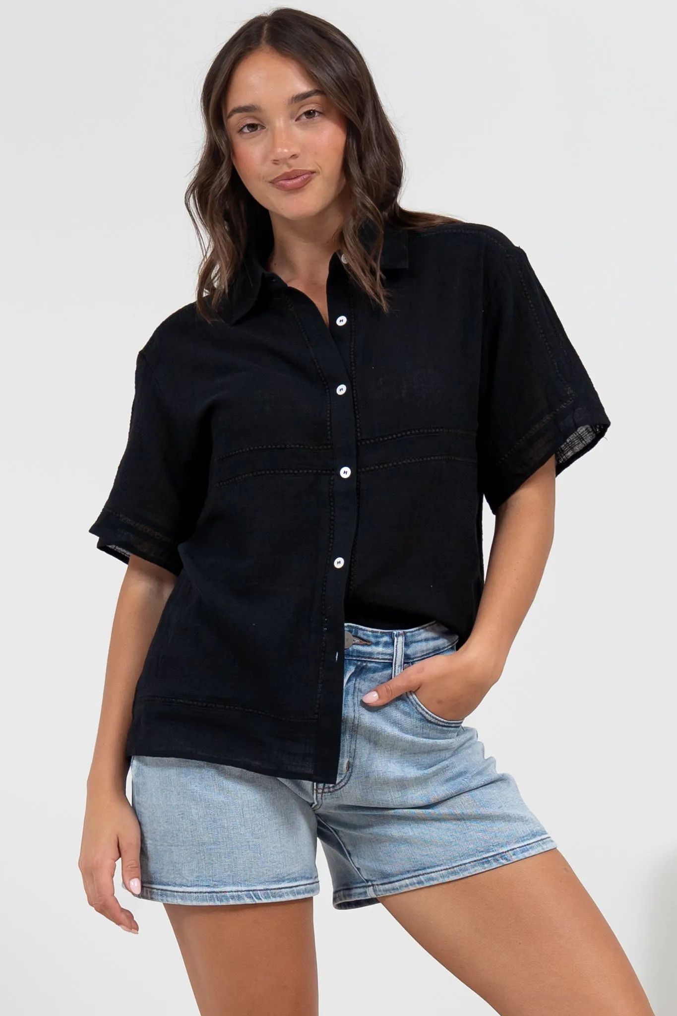 Xara Shirt - Collared Button Down with Lace Detailing in Black sold by Salty Crush product image thumbnail 3