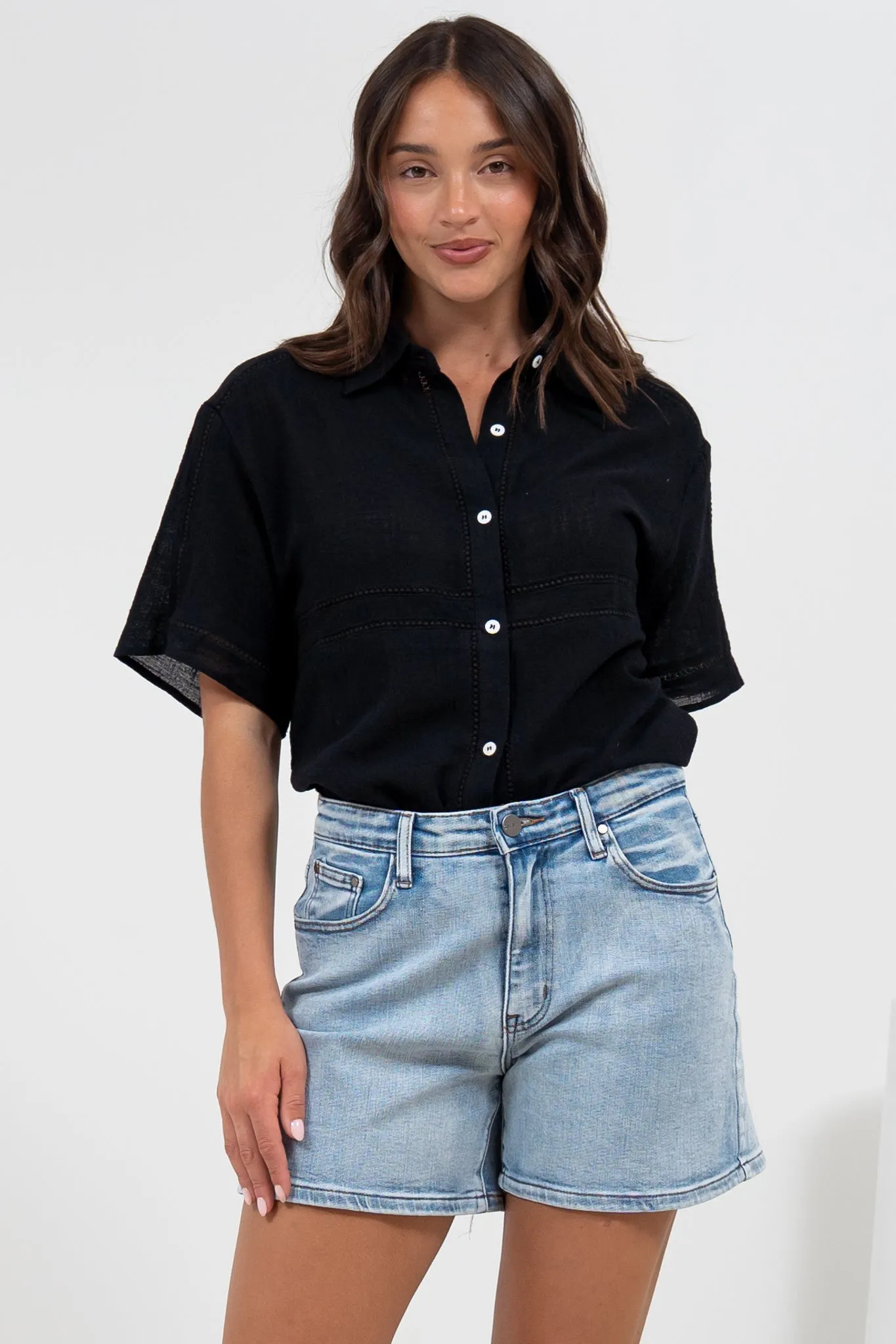 Xara Shirt - Collared Button Down with Lace Detailing in Black sold by Salty Crush product image thumbnail 5