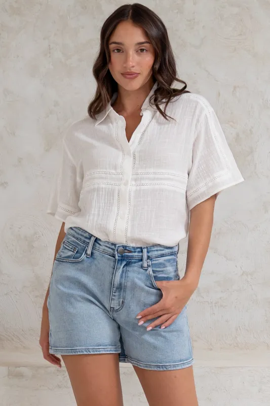 Xara Shirt - Collared Button Down with Lace Detailing in White sold by Salty Crush
