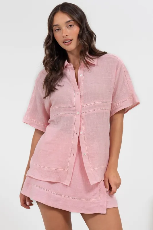 Xara Shirt - Collared Button Down with Lace Detailing in Pink sold by Salty Crush