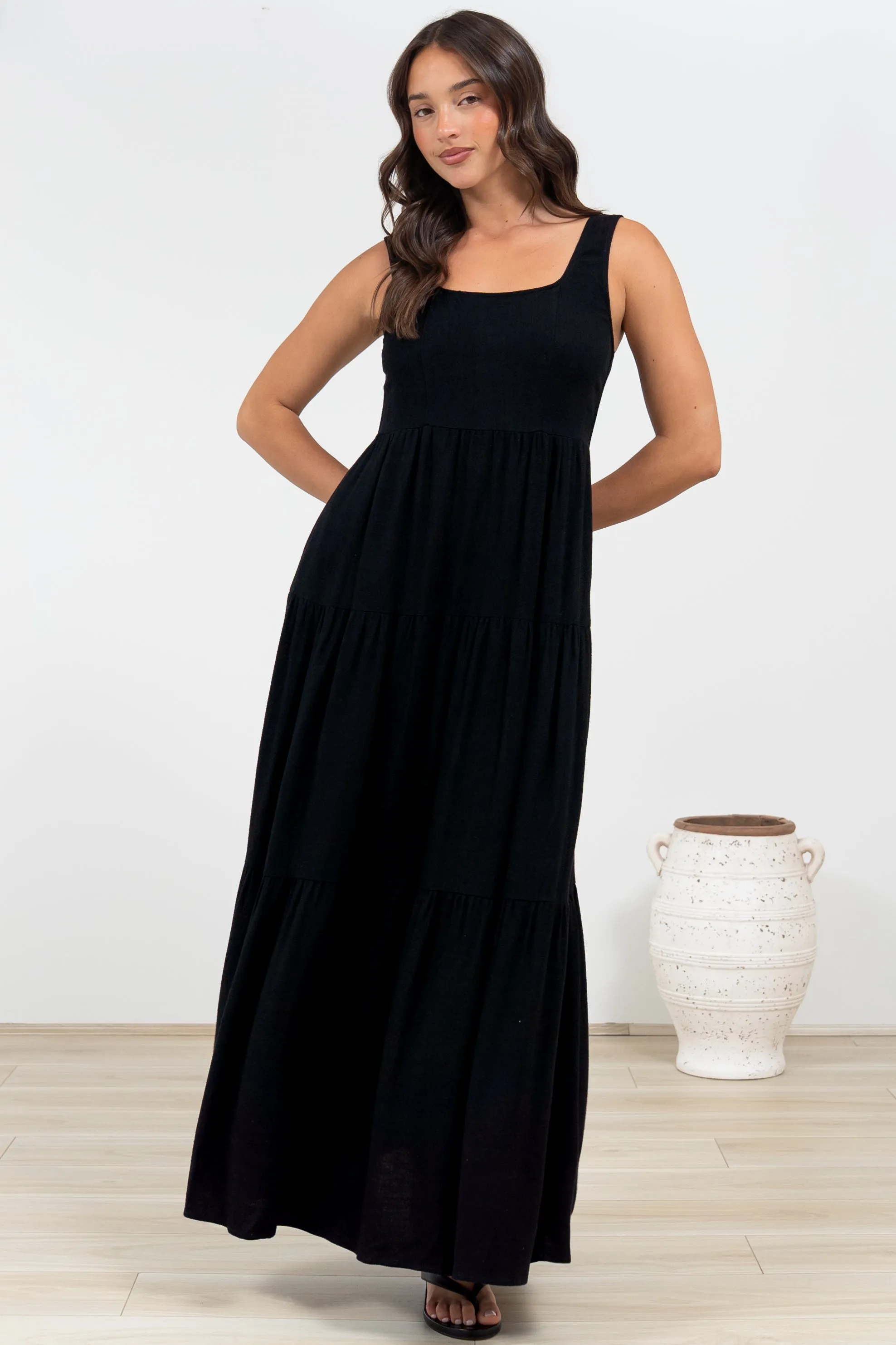 Arielle Maxi Dress - Square Neckline Tiered Dress with Pockets in Black sold by Salty Crush product image thumbnail 5