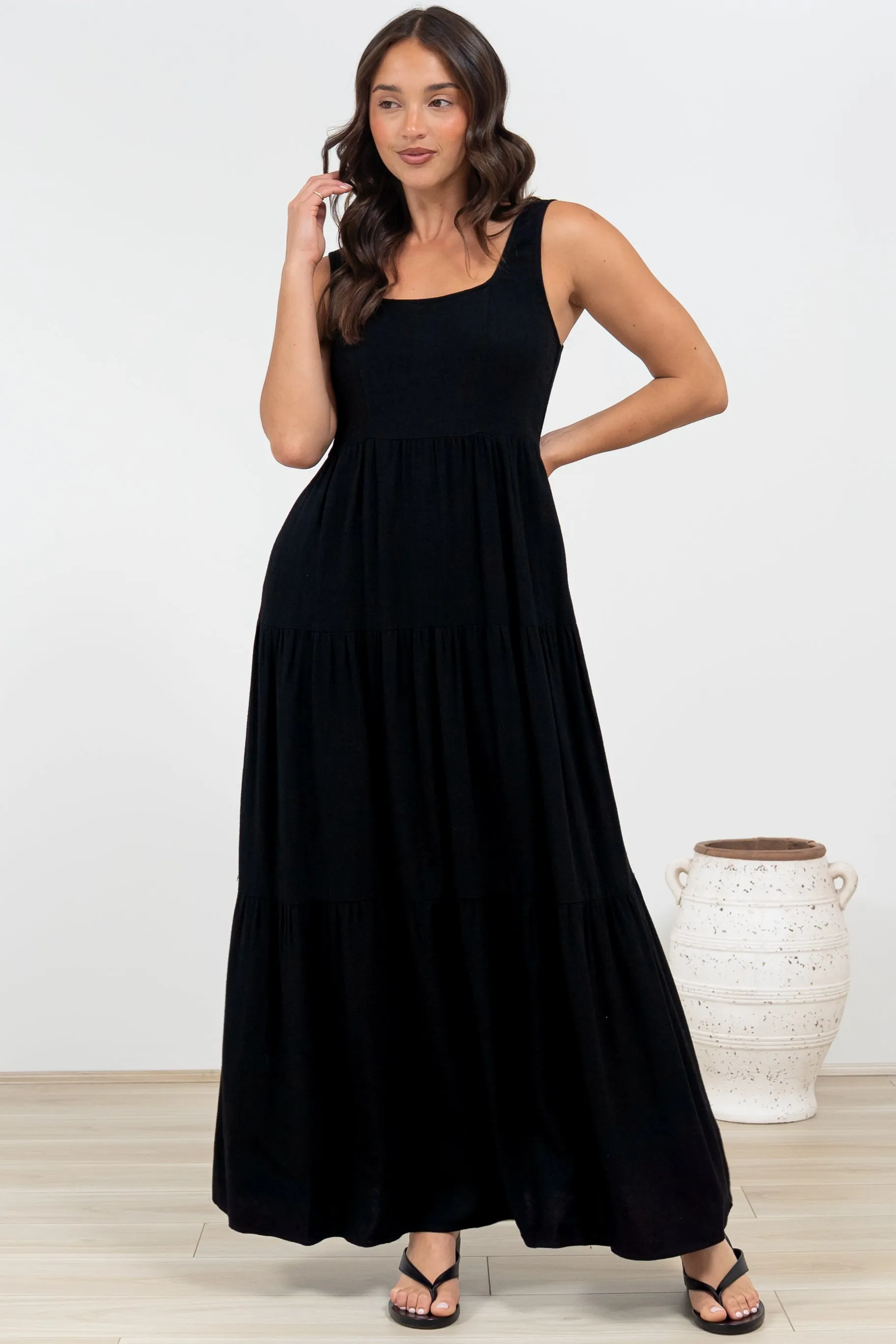 Arielle Maxi Dress - Square Neckline Tiered Dress with Pockets in Black sold by Salty Crush product image thumbnail 3