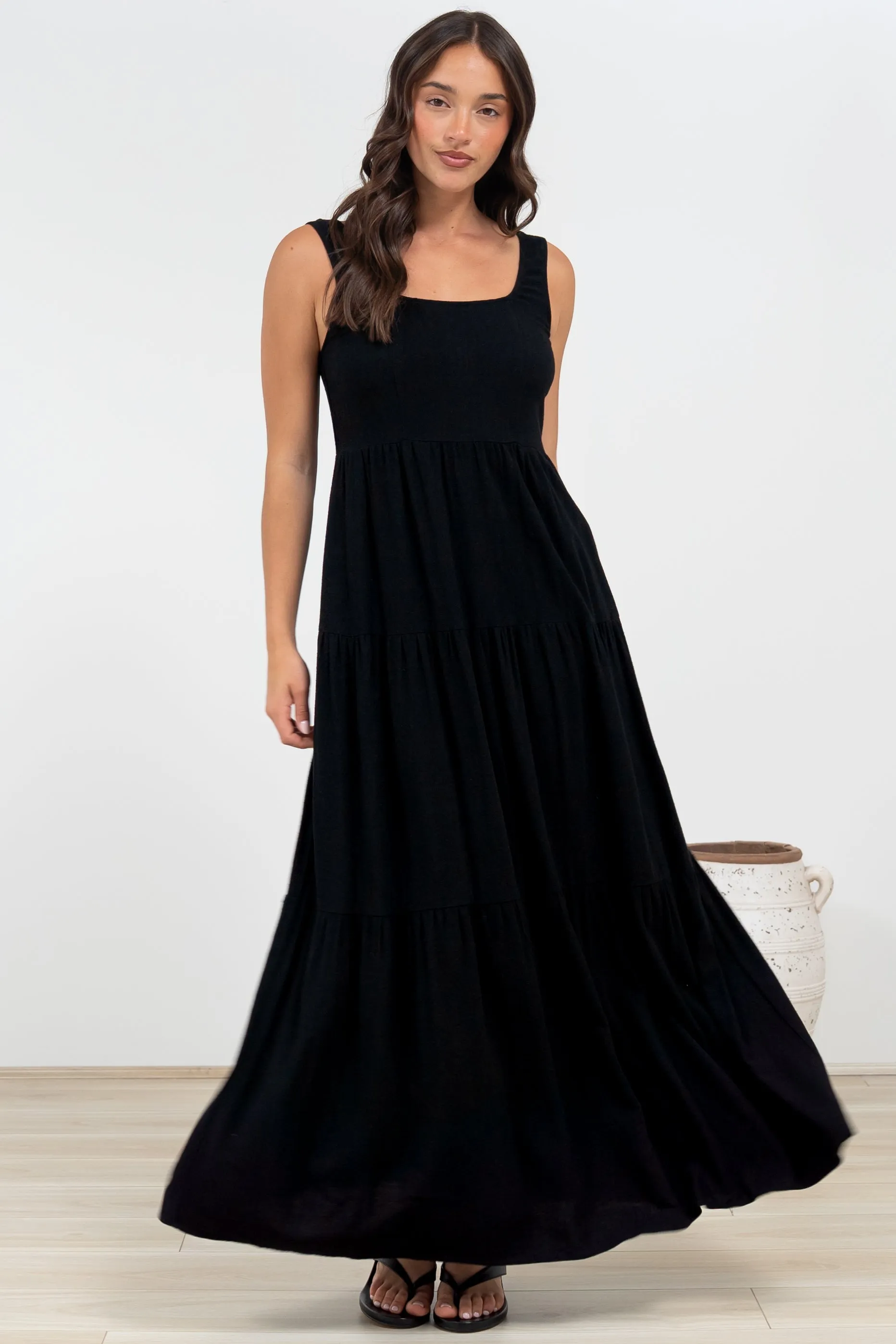 Arielle Maxi Dress - Square Neckline Tiered Dress with Pockets in Black sold by Salty Crush product image thumbnail 2