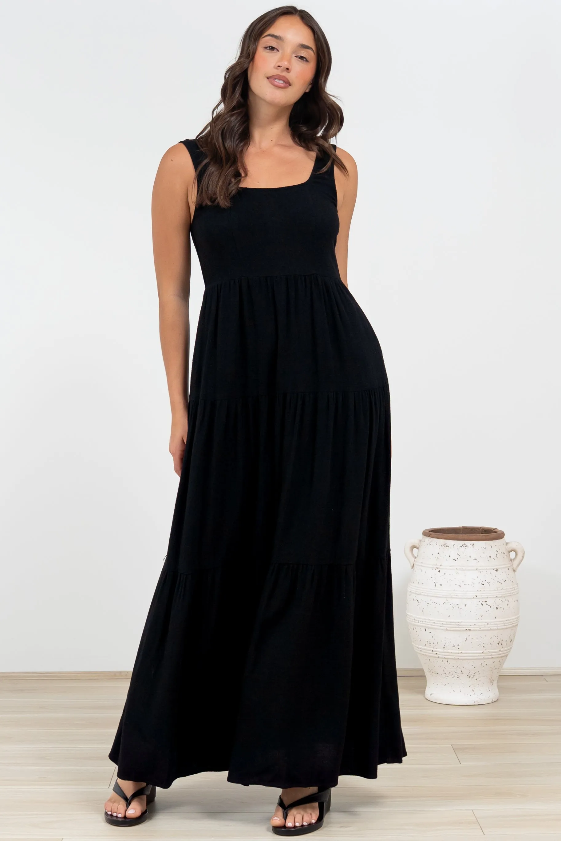 Arielle Maxi Dress - Square Neckline Tiered Dress with Pockets in Black sold by Salty Crush product image thumbnail 4