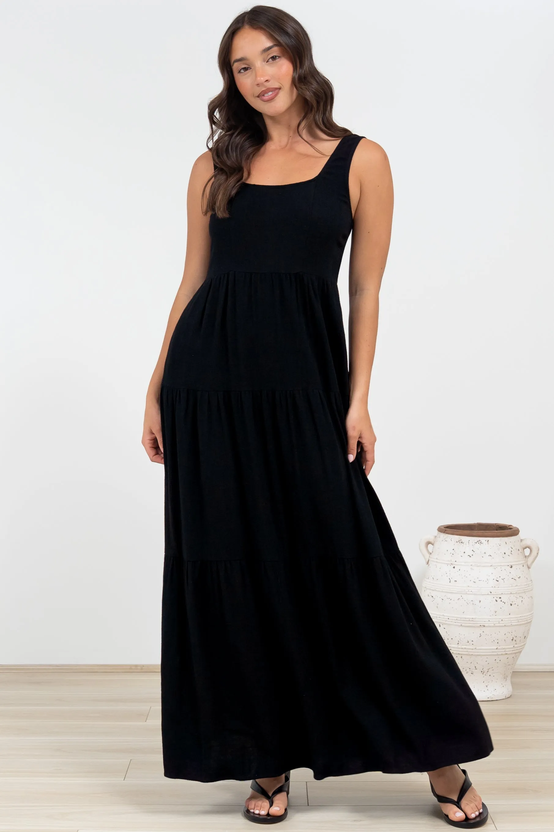 Arielle Maxi Dress - Square Neckline Tiered Dress with Pockets in Black sold by Salty Crush