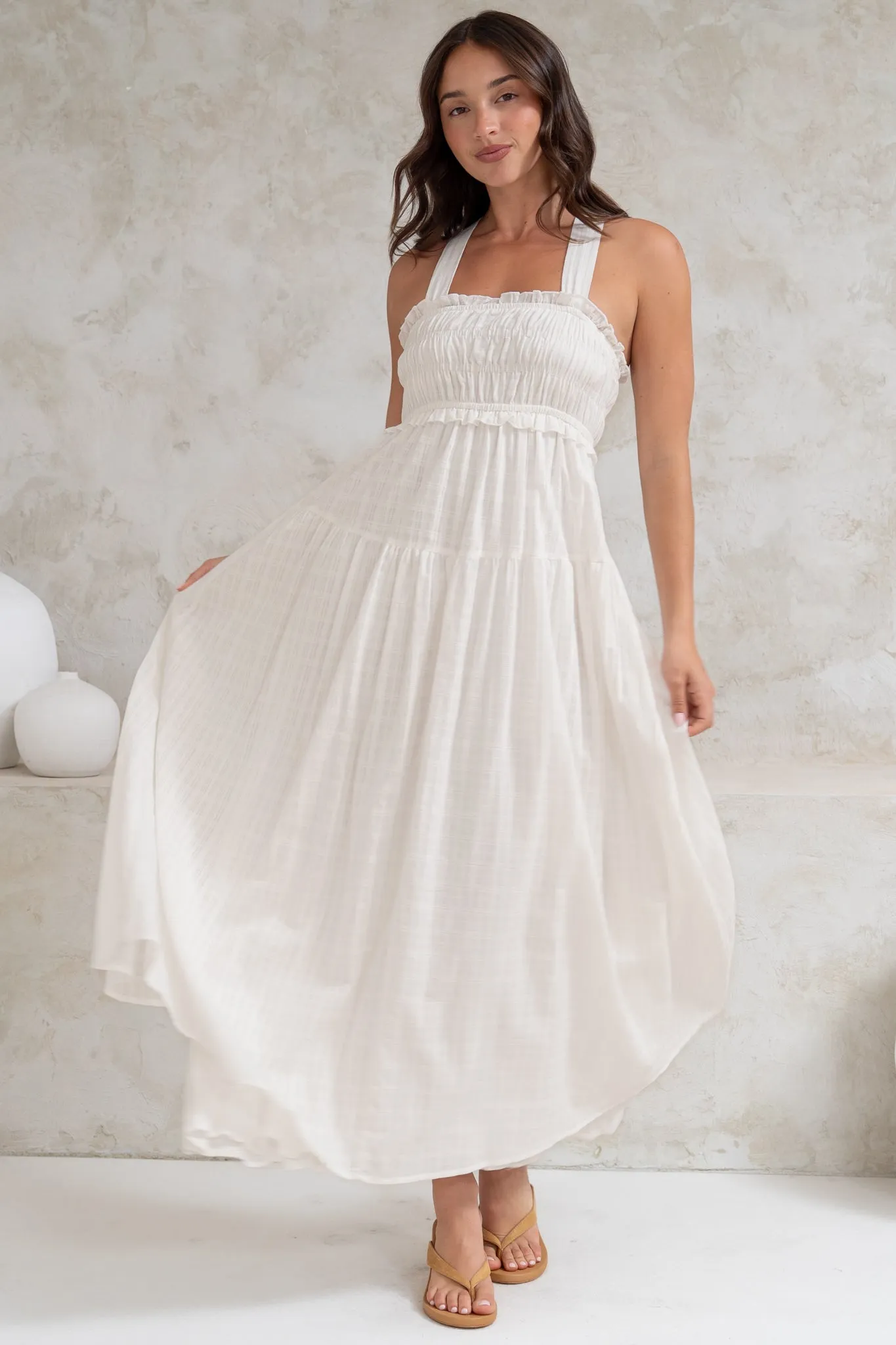 Laurita Midi Dress - Adjustable Strap Elasticated Bodice Sun Dress in White sold by Salty Crush product image thumbnail 5