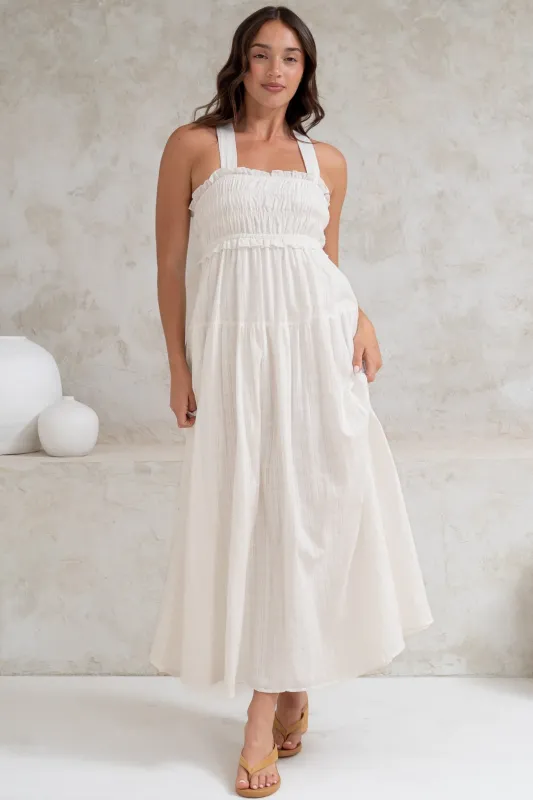Laurita Midi Dress - Adjustable Strap Elasticated Bodice Sun Dress in White sold by Salty Crush