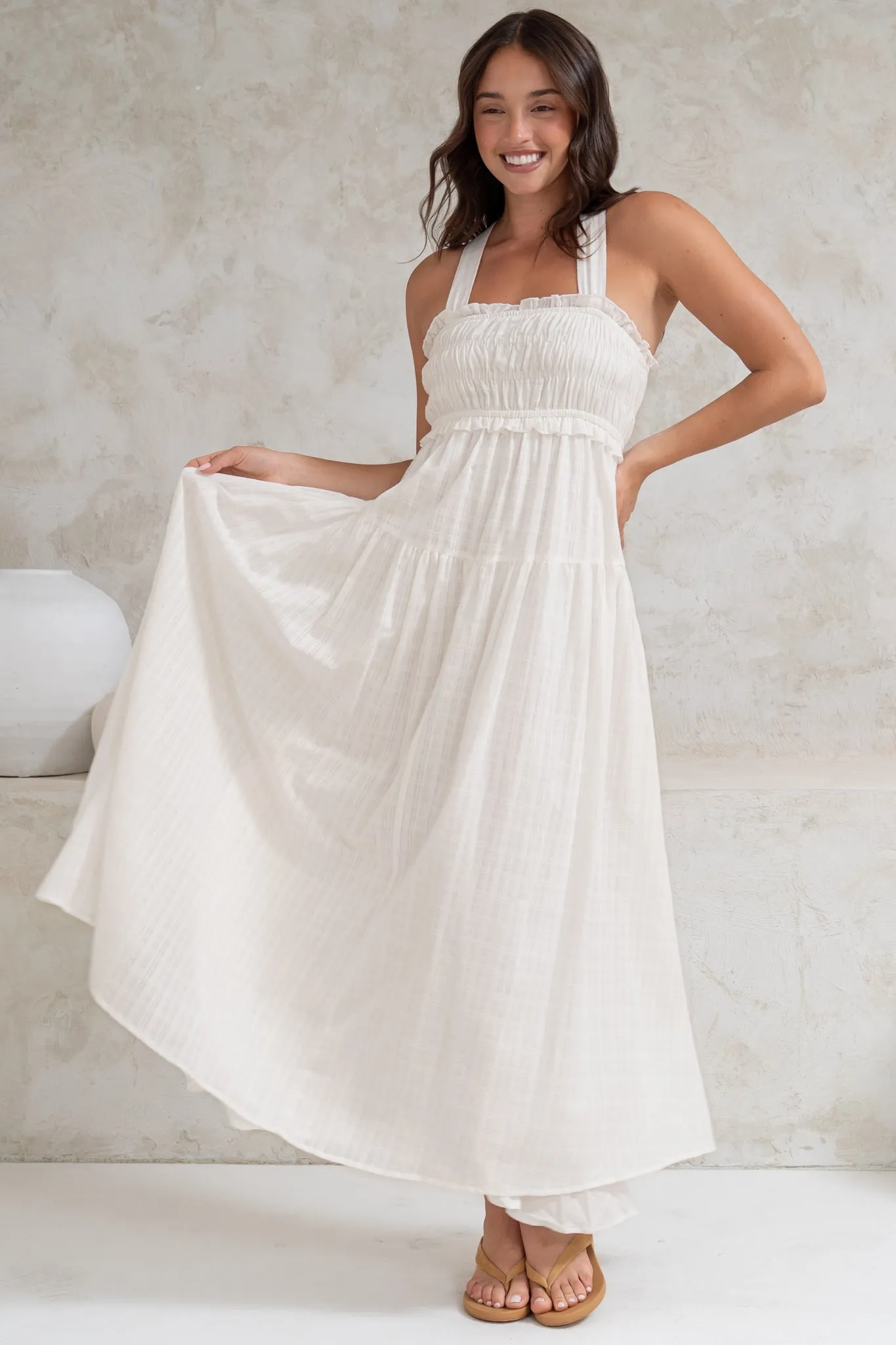 Laurita Midi Dress - Adjustable Strap Elasticated Bodice Sun Dress in White sold by Salty Crush product image thumbnail 3