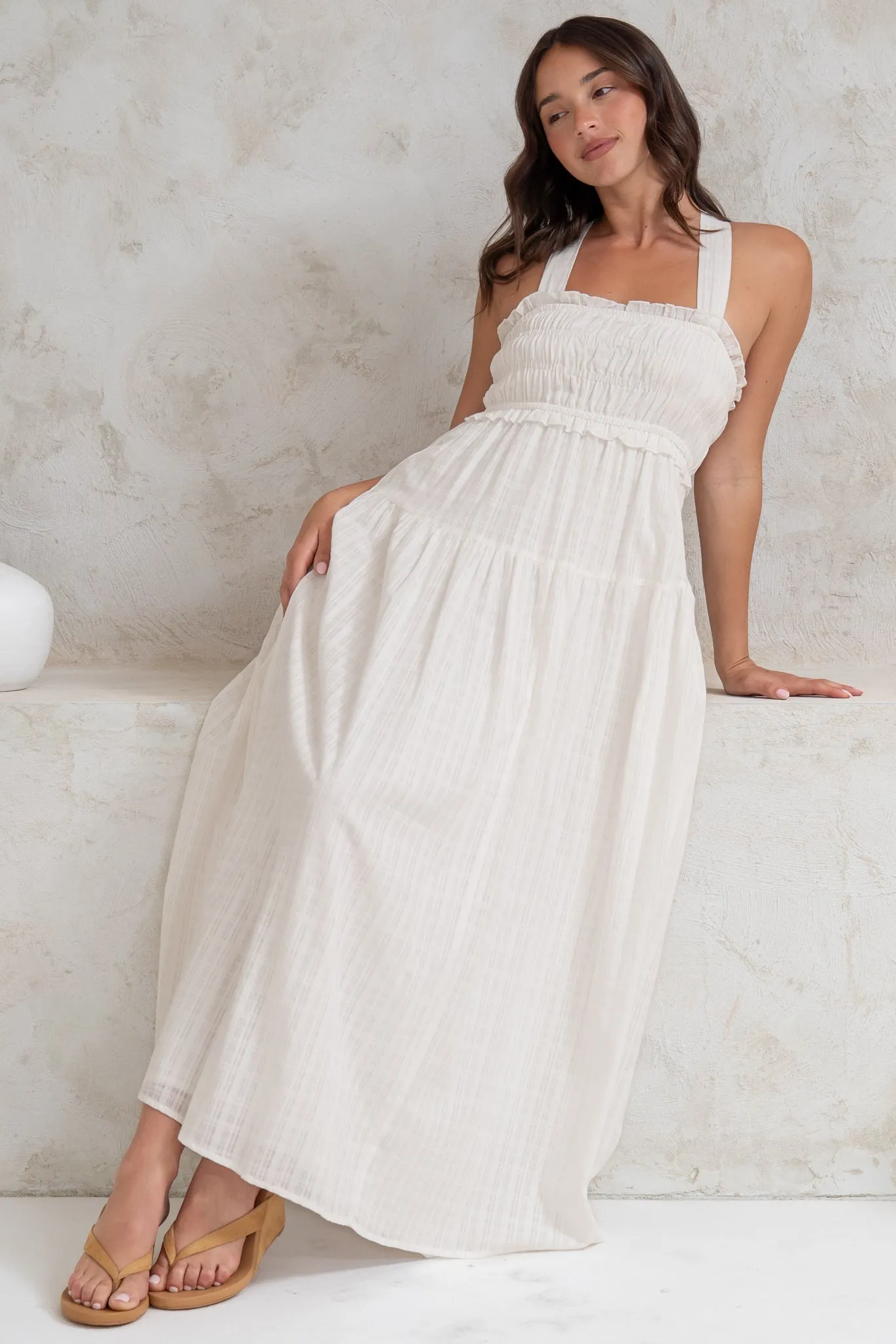 Laurita Midi Dress - Adjustable Strap Elasticated Bodice Sun Dress in White sold by Salty Crush product image thumbnail 2