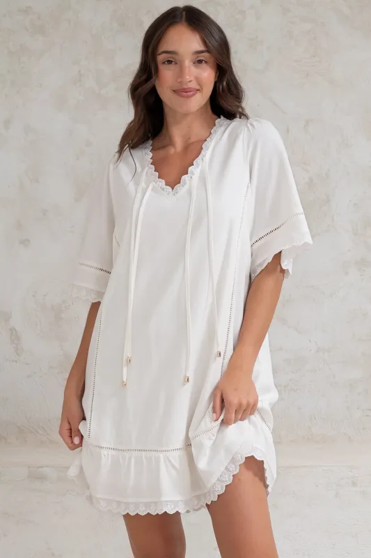 Kiki Mini Dress - V-Neck Shift Dress with Scallop Lace Hemlines in White sold by Salty Crush
