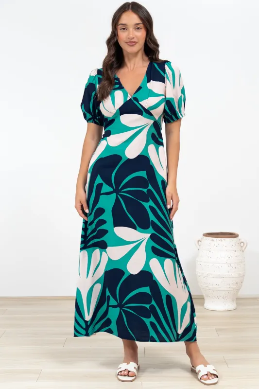 Ione Maxi Dress - V-Neck Empire Line Dress with Waist Tie in Mystic Print sold by Salty Crush