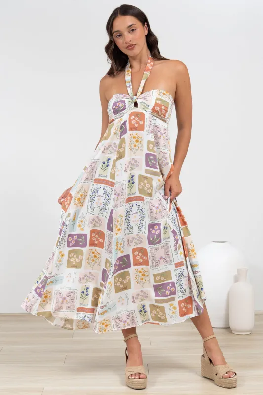 Solie Midi Dress - Halter Neck Dress with Elasticated Back in Reina Print sold by Salty Crush