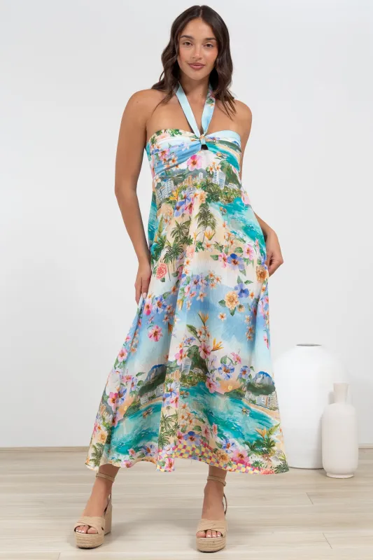 Solie Midi Dress - Halter Neck Dress with Elasticated Back in Pina Colada Print sold by Salty Crush