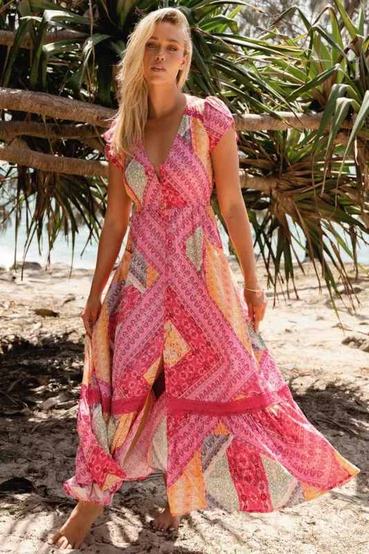 JAASE - Carmen Maxi Dress: Butterfly Cap Sleeve Button Down A Line Dress with Lace Trim in Viva Bonita Print sold by Salty Crush