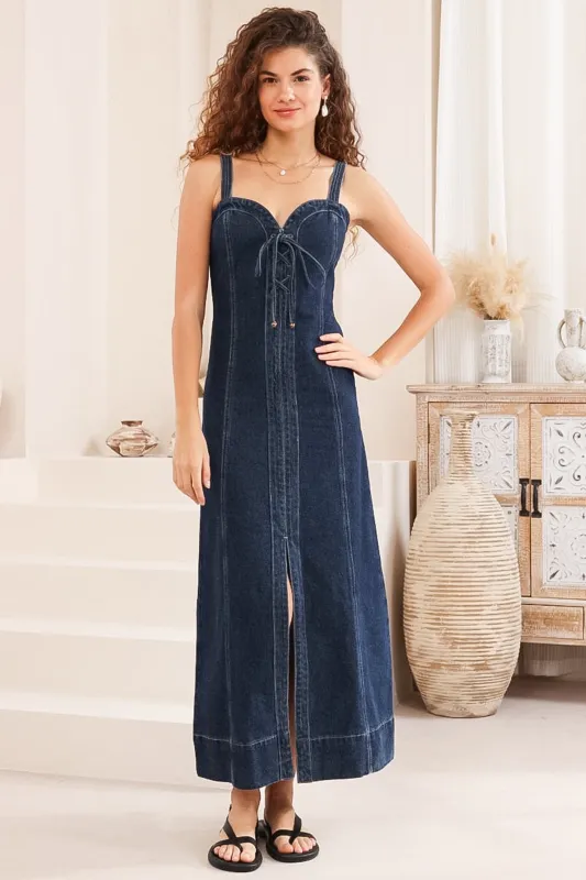 Malone Maxi Dress - Sweetheart Neckline Denim Dress in Dark Denim sold by Salty Crush