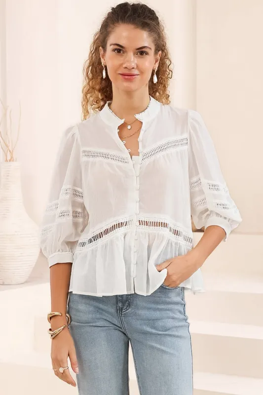 Piera Blouse - Delicate Lace Detailed Buttoned Top with Balloon Sleeves in White sold by Salty Crush