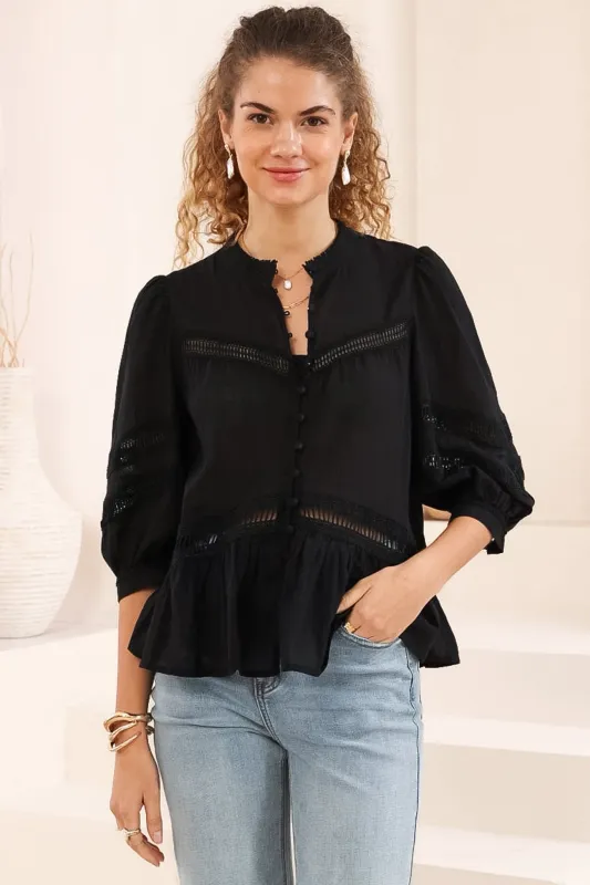 Piera Blouse - Delicate Lace Detailed Buttoned Top with Balloon Sleeves in Black sold by Salty Crush