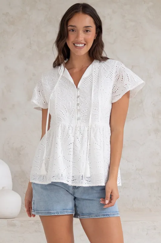 Marcy Top - Frill Mandarin Collar with Neck Tie Embroidered Smock Top in White sold by Salty Crush