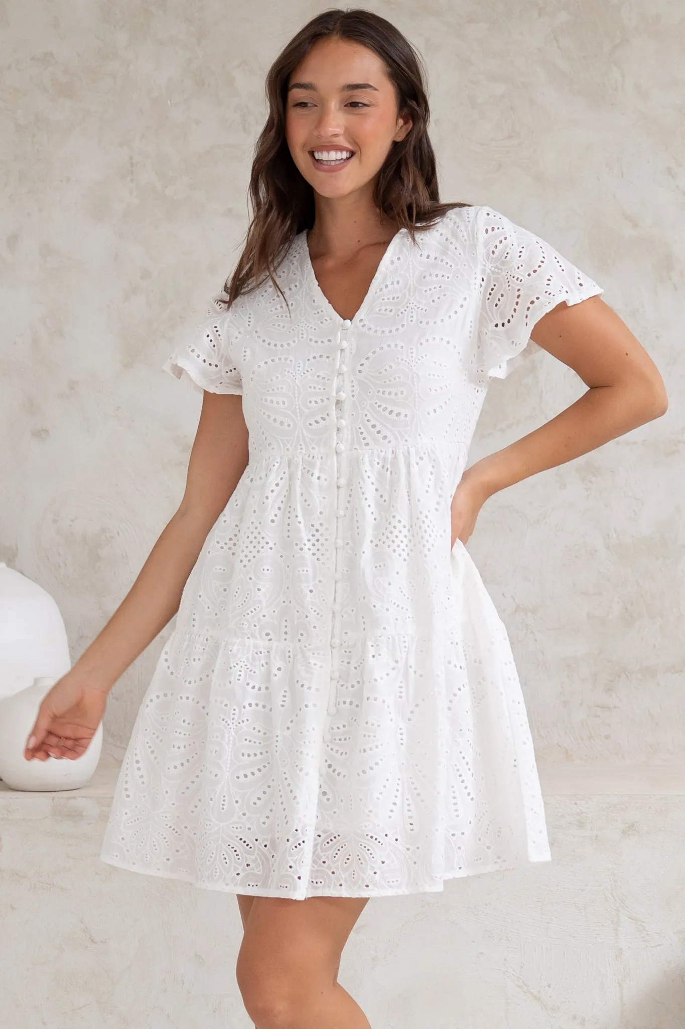 Marcy Mini Dress - Embroidered Button Down Dress with Cap Sleeves in White sold by Salty Crush product image thumbnail 5
