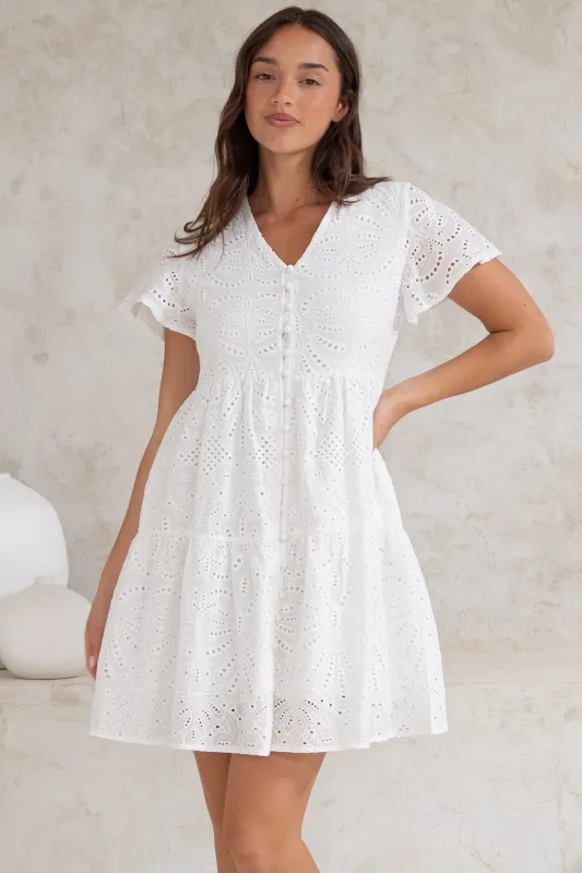 Marcy Mini Dress - Embroidered Button Down Dress with Cap Sleeves in White sold by Salty Crush