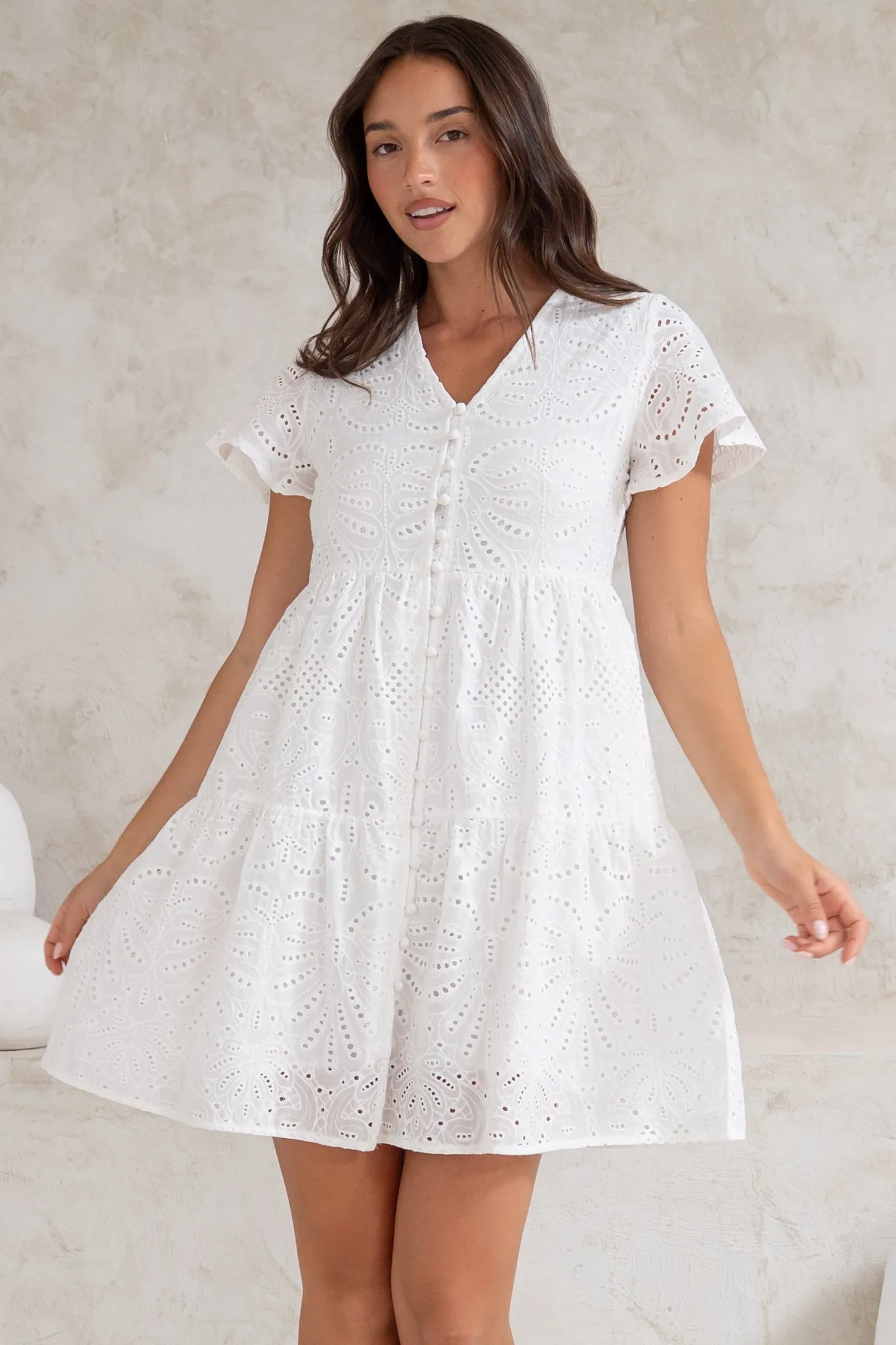 Marcy Mini Dress - Embroidered Button Down Dress with Cap Sleeves in White sold by Salty Crush product image thumbnail 2