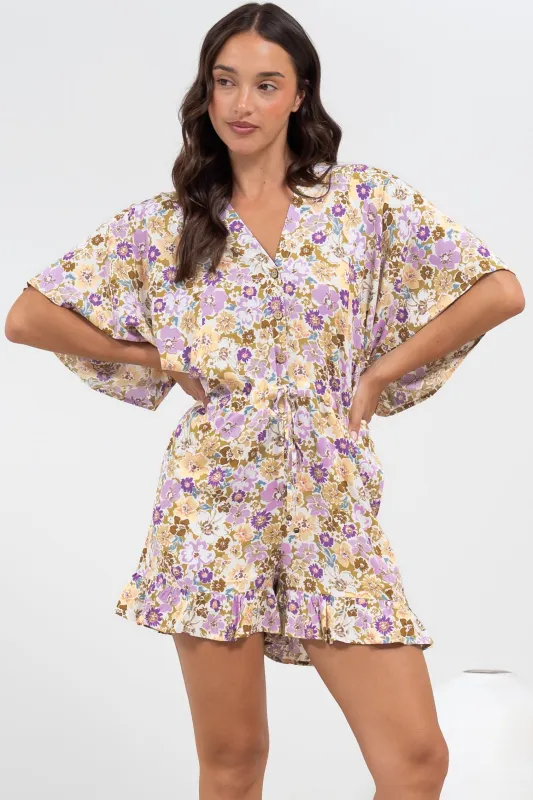 Peachy Playsuit - V-Neck Buttoned Bodice Kimono Sleeve Playsuit in Varia Print sold by Salty Crush