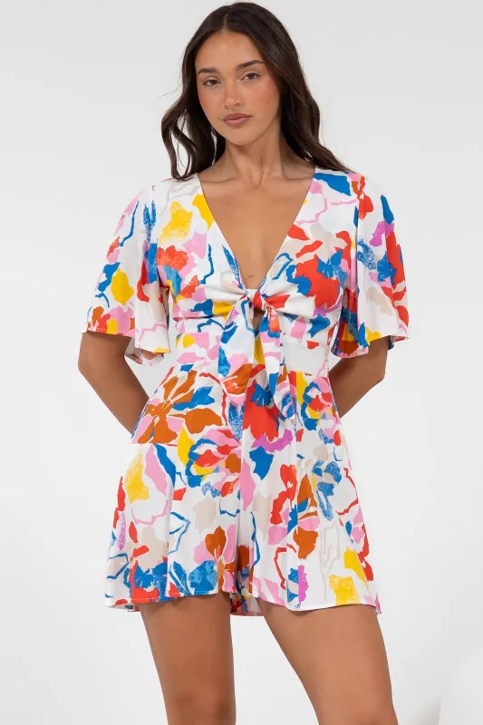 Hayleigh Playsuit - V-Neck Playsuit with Tie at Bust and Flutter Sleeves in Isadora Print sold by Salty Crush