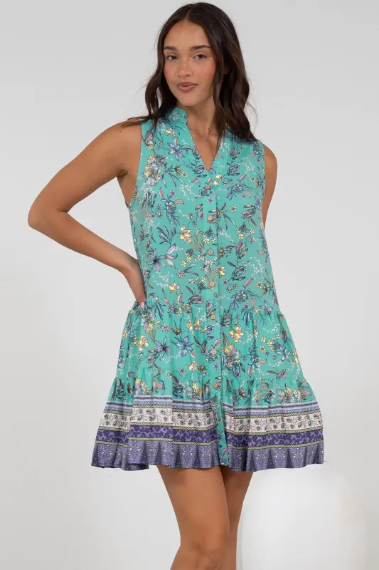 Kristy Mini Dress - Mandarin Collar Sleeveless Dress in Bristal Print sold by Salty Crush