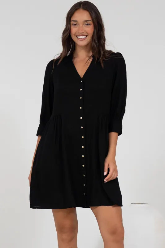 Jordan Mini Dress - Tiered Button Down Dress with 3/4 Sleeves in Black sold by Salty Crush