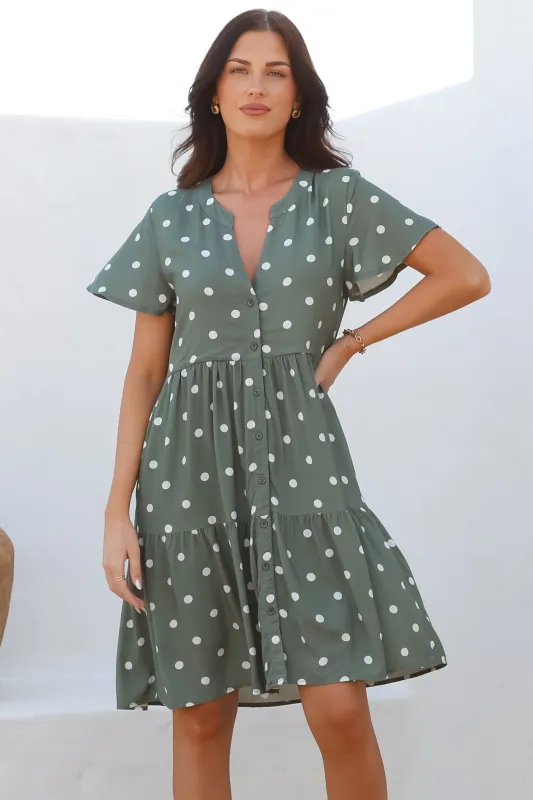 Wilma Mini Dress - Bermuda Collar Button Down Dress with Cap Sleeves in Parisian Polka Khaki sold by Salty Crush