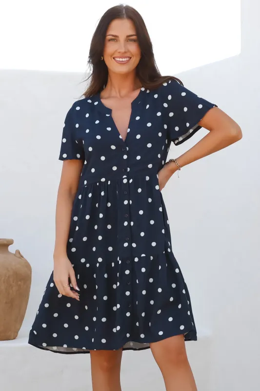 Wilma Mini Dress - Bermuda Collar Button Down Dress with Cap Sleeves in Parisian Polka Navy sold by Salty Crush