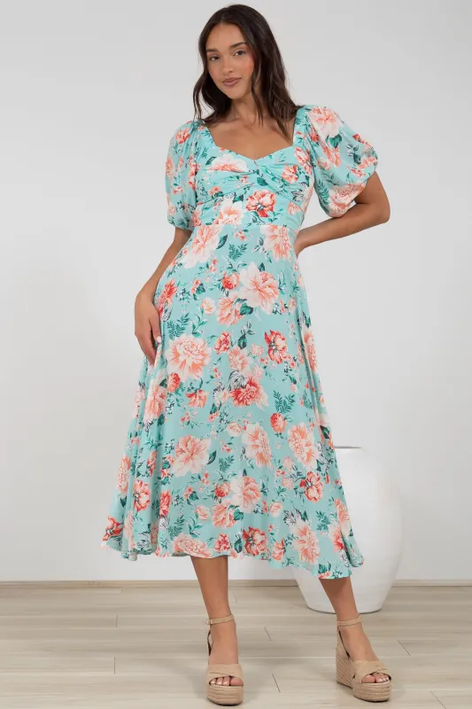 Gisella Midi Dress - Sweetheart Neckline A-Line Dress with Short Sleeves in Helara Print sold by Salty Crush