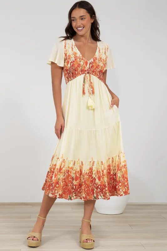 Amaya Midi Dress - Shirred Cap Sleeve A Line Dress in Marella Print Tangerine sold by Salty Crush