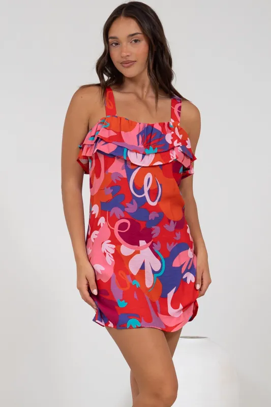 Brinley Mini Dress - Adjustable Strap Dress with Frill Layer Overlay on Bodice in Talina Print sold by Salty Crush