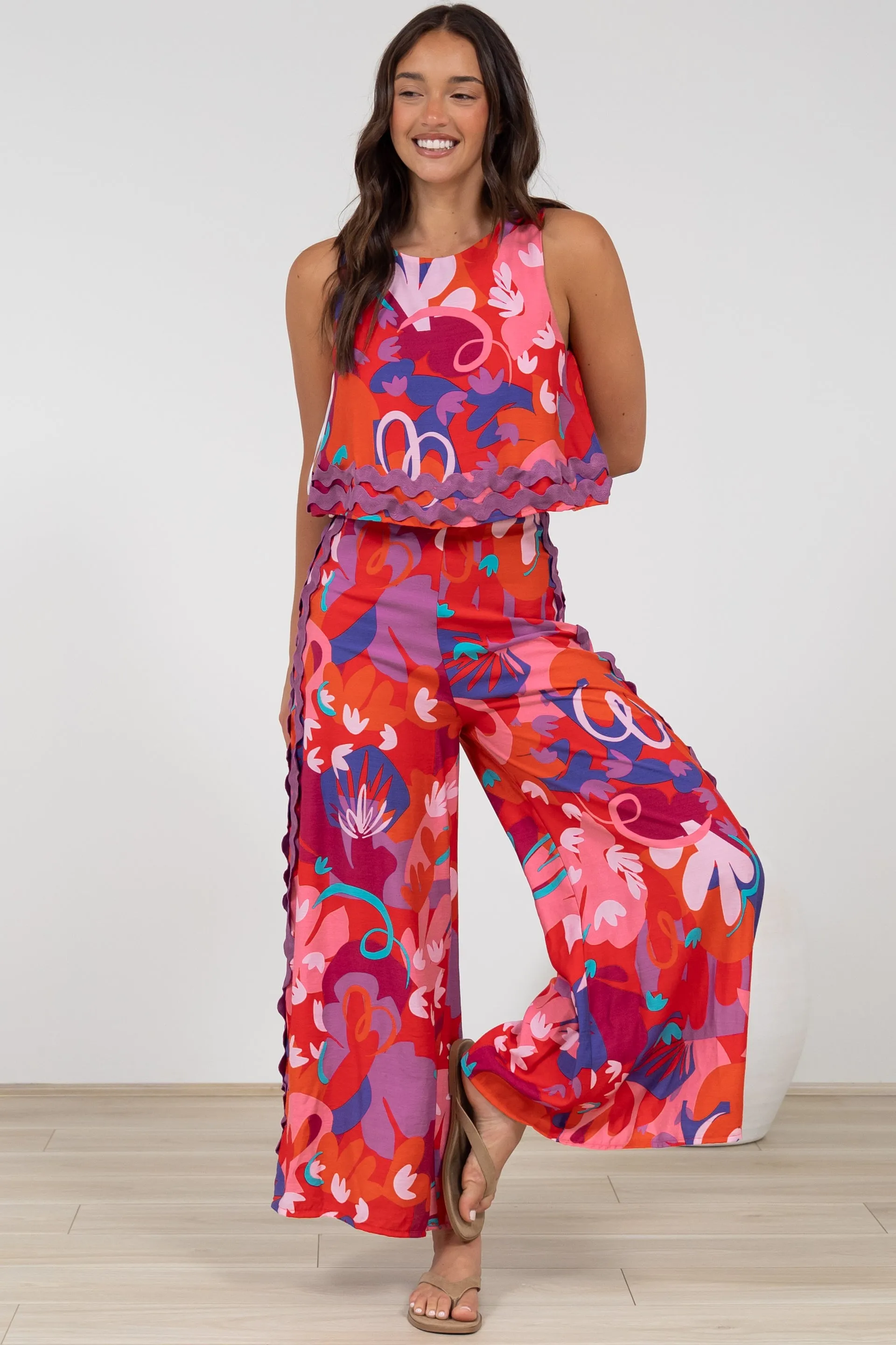 Luchia Jumpsuit - Sleeveless Overlay Bodice Jumpsuit with Ric Rac Trims in Talina Print sold by Salty Crush product image thumbnail 5