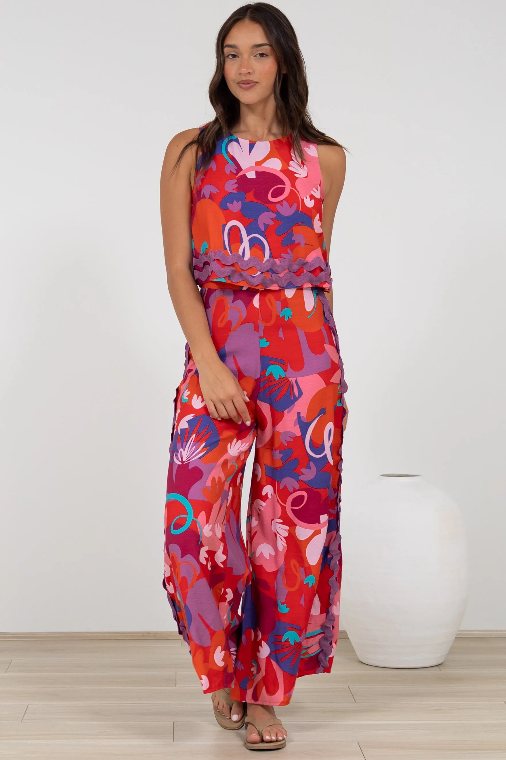 Luchia Jumpsuit - Sleeveless Overlay Bodice Jumpsuit with Ric Rac Trims in Talina Print sold by Salty Crush product image thumbnail 3