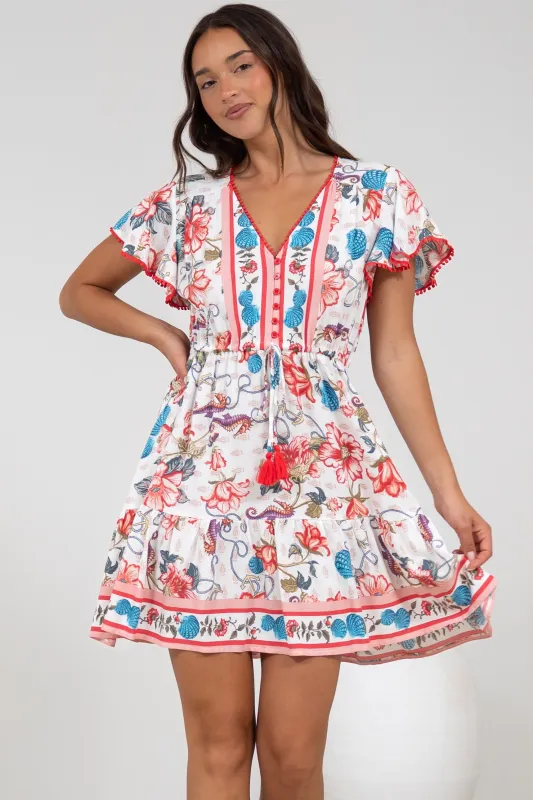 Loisa Mini Dress - Crochet Trim V Neck Dress with Cap Sleeves in Safia Print sold by Salty Crush