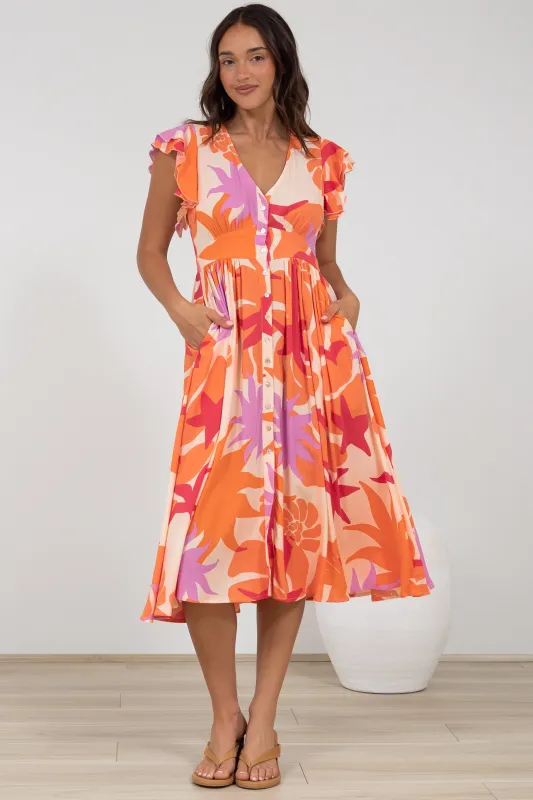 Karah Midi Dress - V Neck Frill Sleeve Dress in Kendal Print sold by Salty Crush