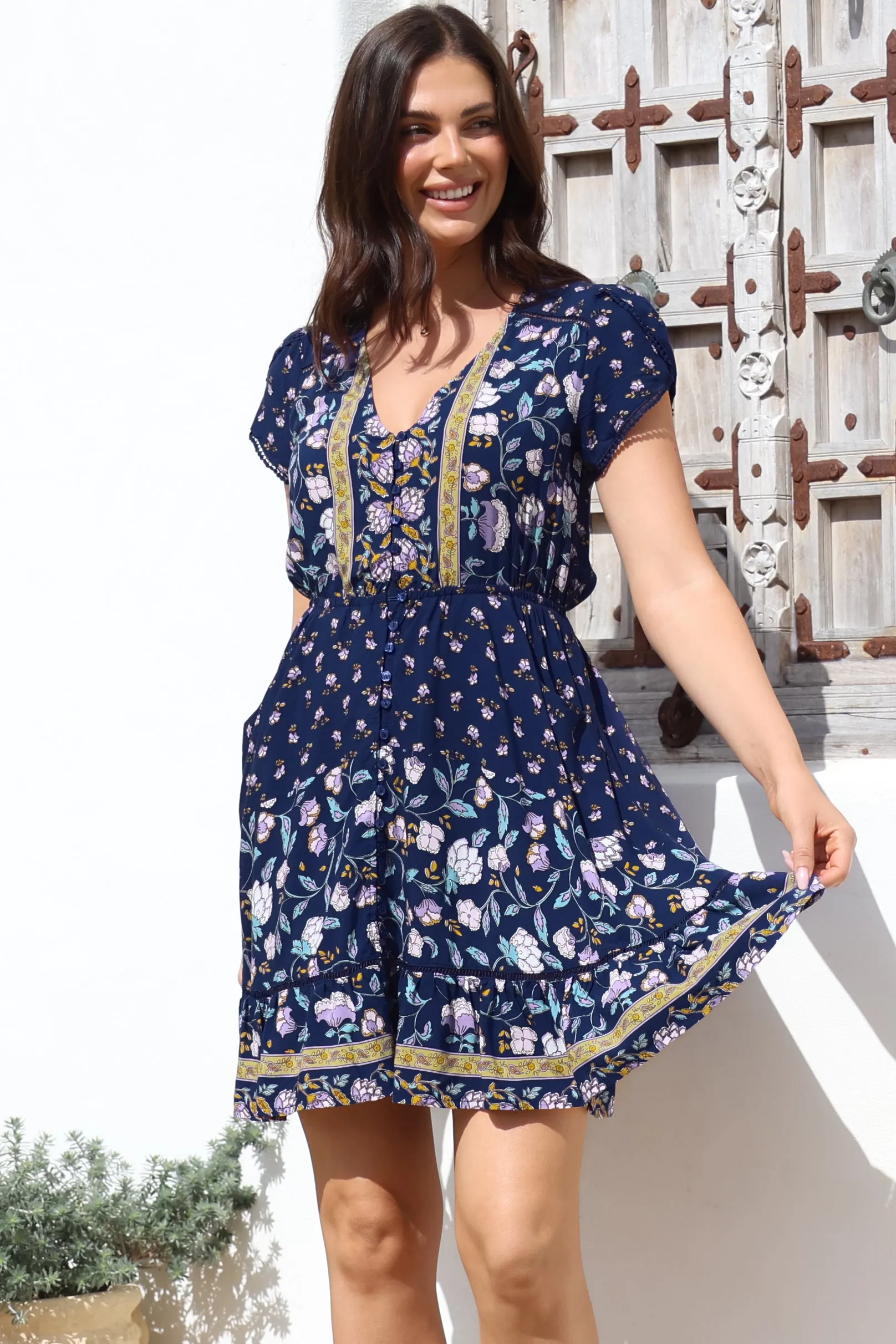 Lizzie Mini Dress - Butterfly Cap Sleeve Button Down Dress with Pockets in Wild Indigo Print sold by Salty Crush product image thumbnail 4