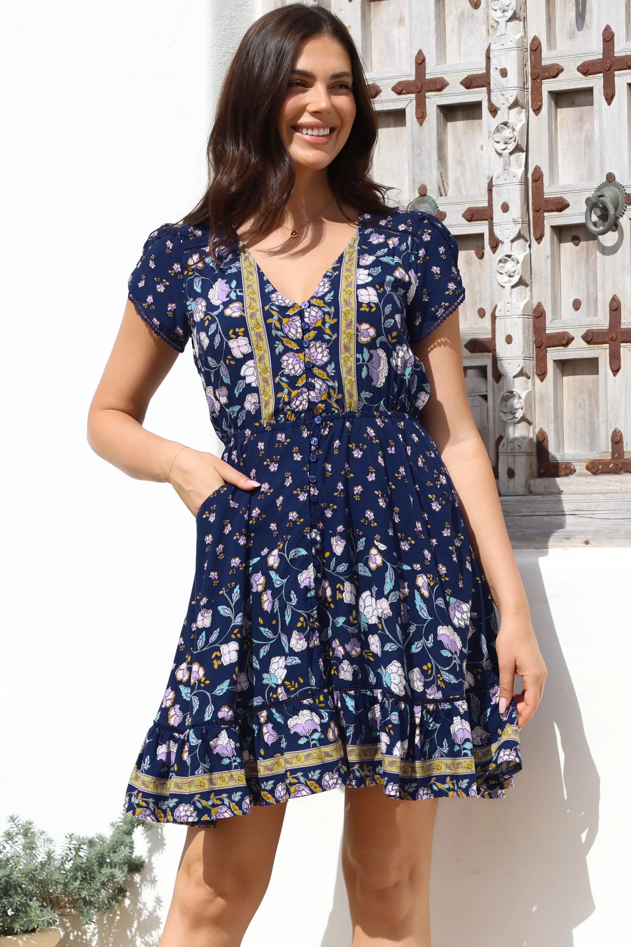 Lizzie Mini Dress - Butterfly Cap Sleeve Button Down Dress with Pockets in Wild Indigo Print sold by Salty Crush product image thumbnail 3