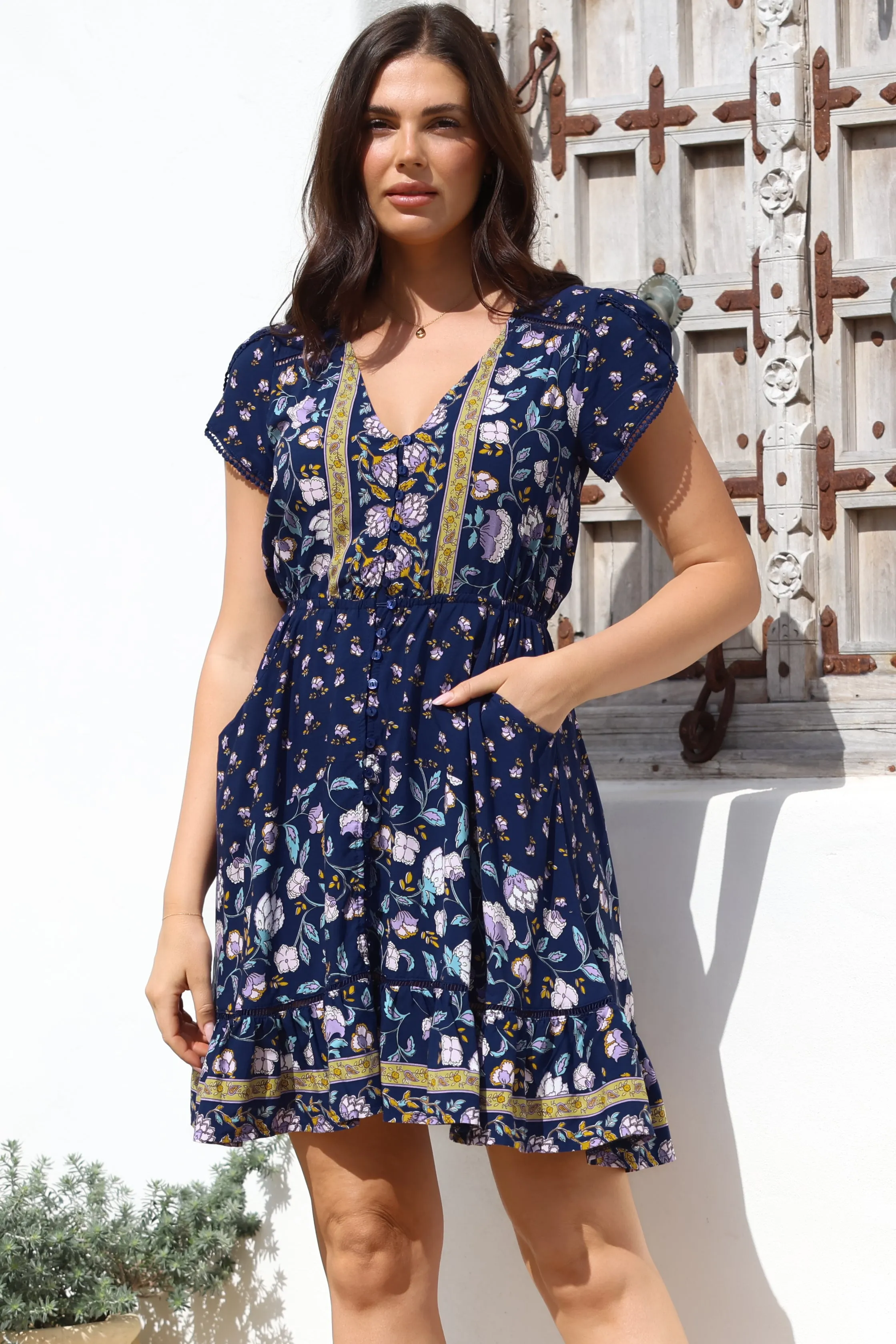 Lizzie Mini Dress - Butterfly Cap Sleeve Button Down Dress with Pockets in Wild Indigo Print sold by Salty Crush