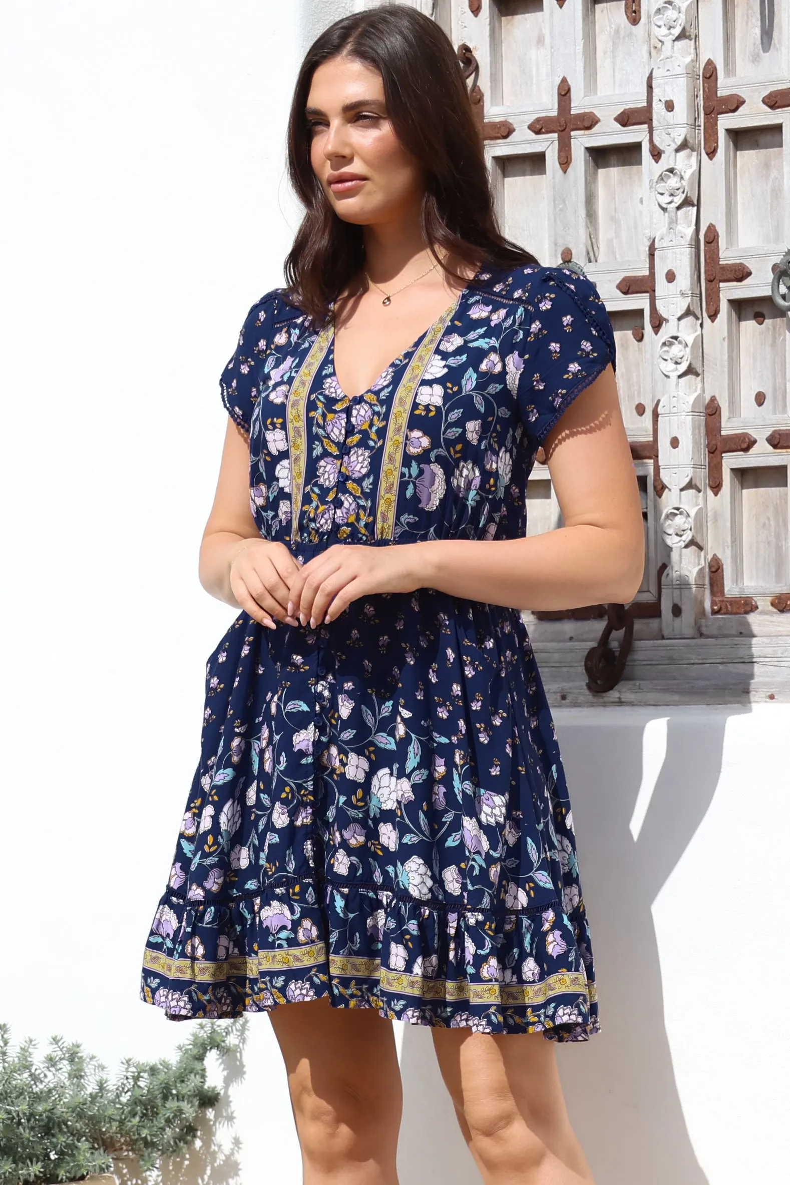 Lizzie Mini Dress - Butterfly Cap Sleeve Button Down Dress with Pockets in Wild Indigo Print sold by Salty Crush product image thumbnail 5