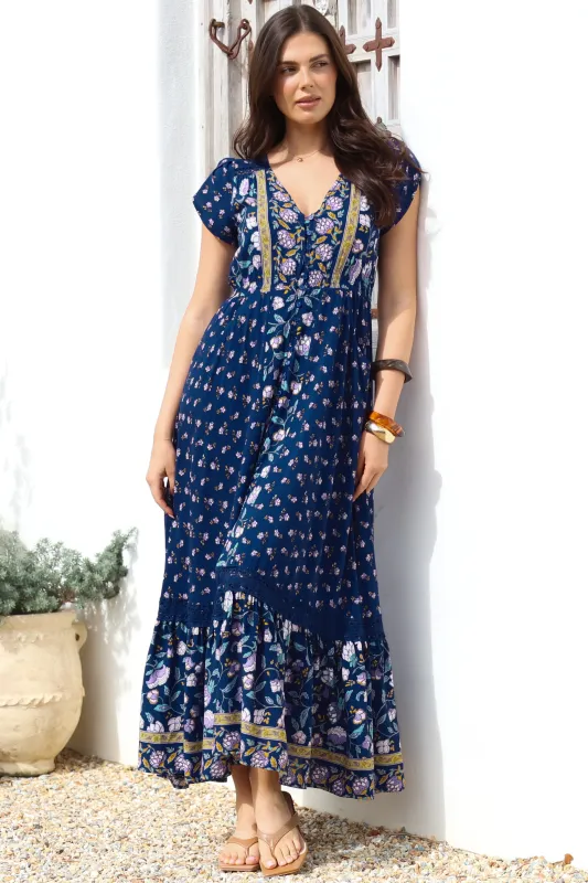 Carmen Maxi Dress - Butterfly Cap Sleeve Button Down A Line Dress with Lace Trim in Wild Indigo Print sold by Salty Crush