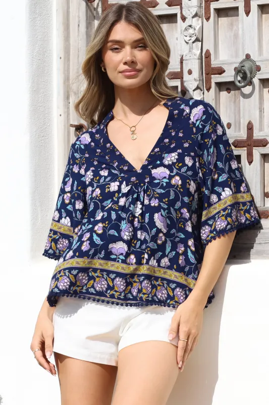 Gabriella Top - Mandarin Collar Deep V Neck Crochet Trim Top in Wild Indigo Print sold by Salty Crush