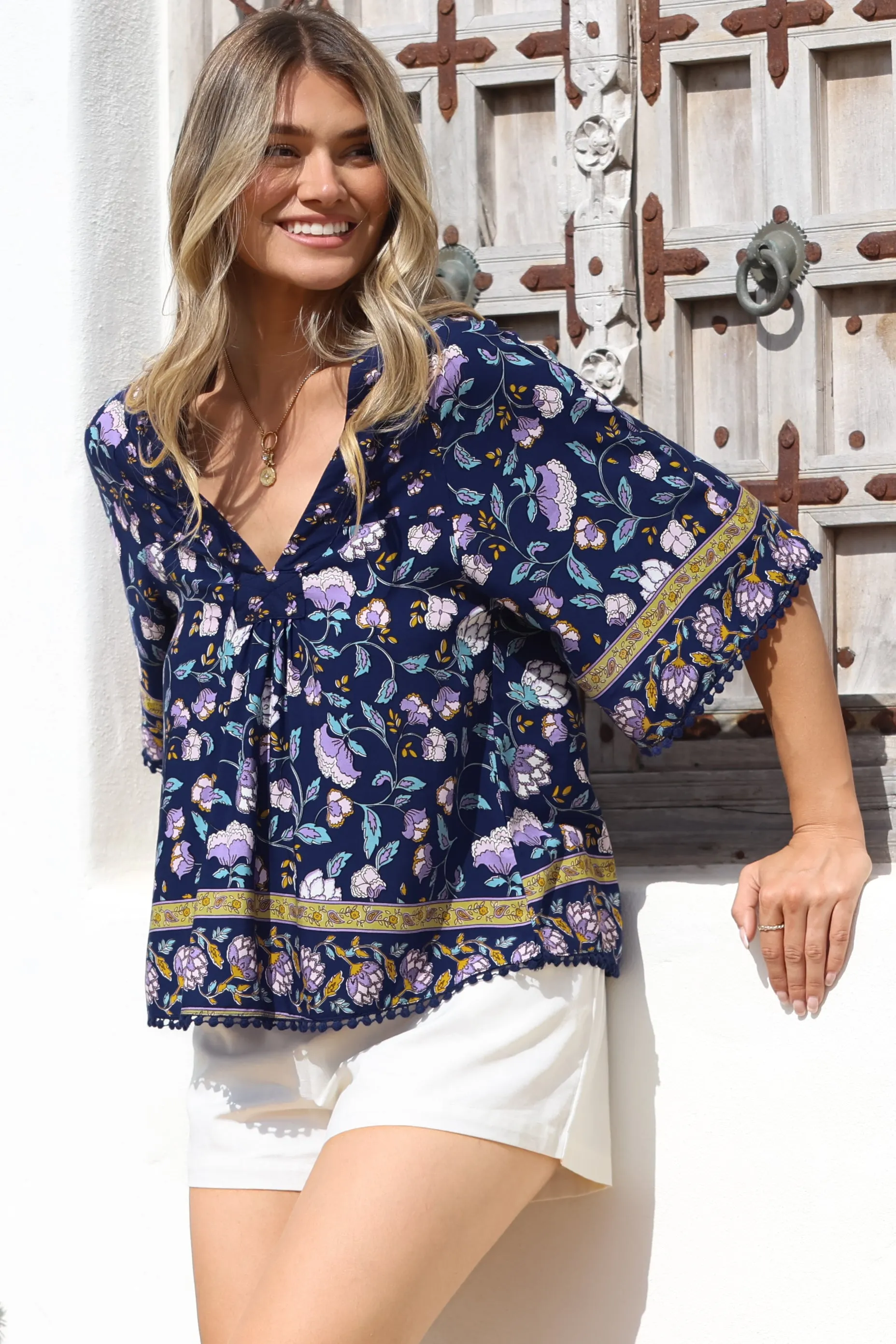 Gabriella Top - Mandarin Collar Deep V Neck Crochet Trim Top in Wild Indigo Print sold by Salty Crush product image thumbnail 5